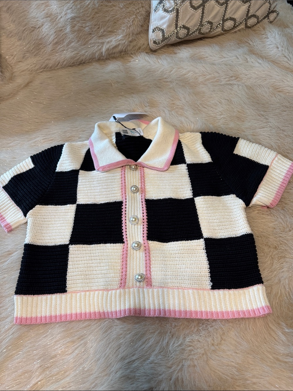 AKIRA Black, White & Pink Checker Knit Crop Top